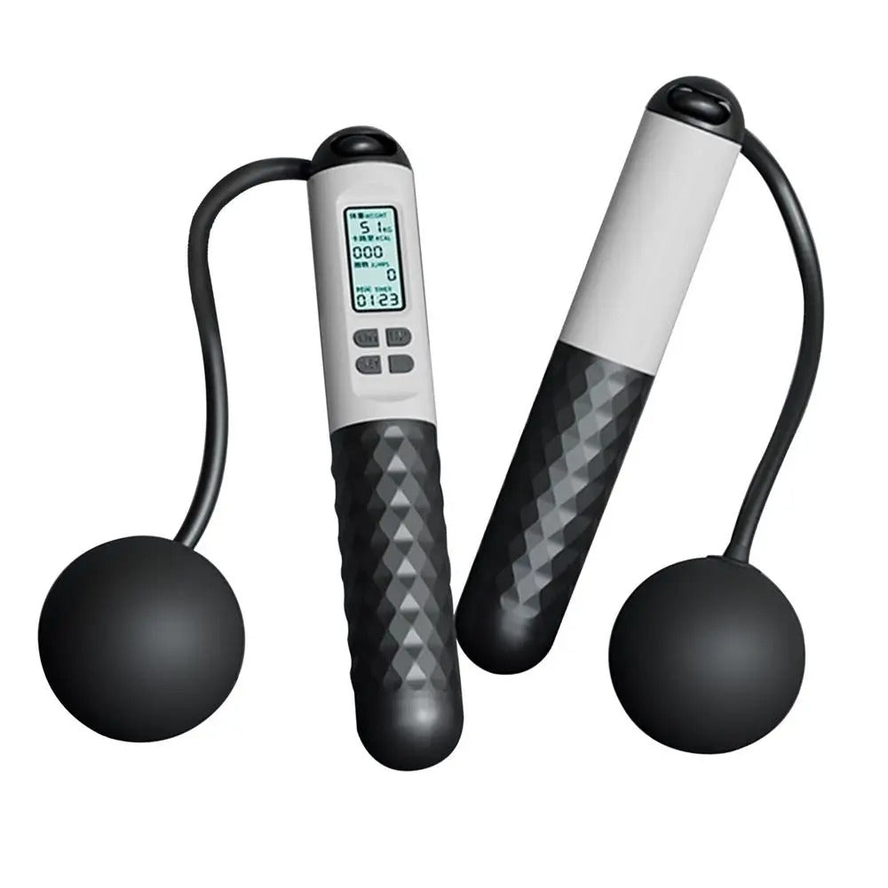Cordless weighted jump rope with digital counter and ergonomic handles, ideal for effective home workouts in tight spaces.