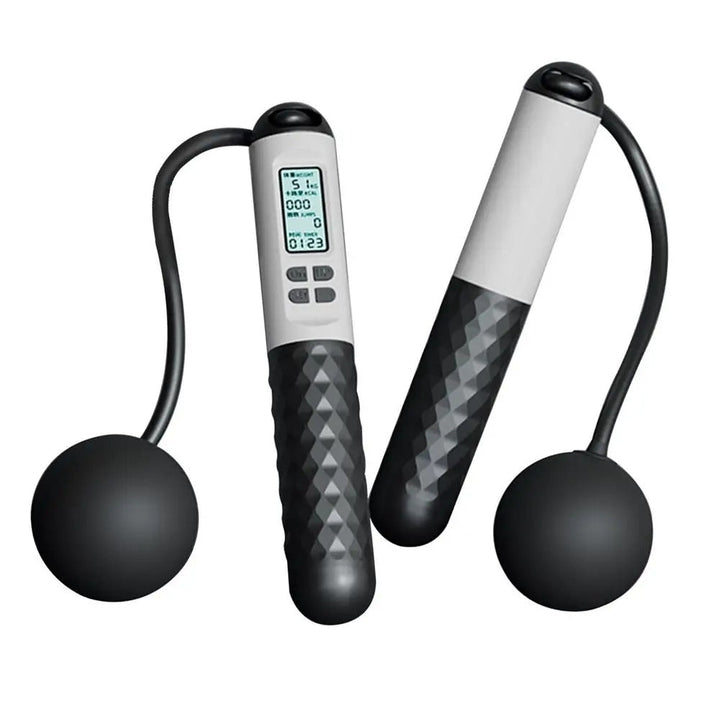 Cordless weighted jump rope with digital counter and ergonomic handles, ideal for effective home workouts in tight spaces.