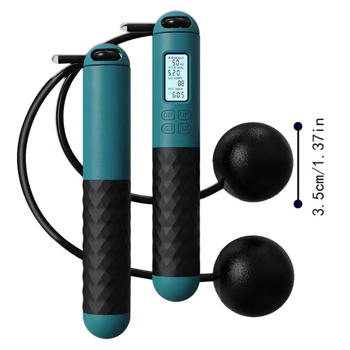 Cordless weighted jump rope with digital counter and ergonomic handles, ideal for effective home workouts in tight spaces.