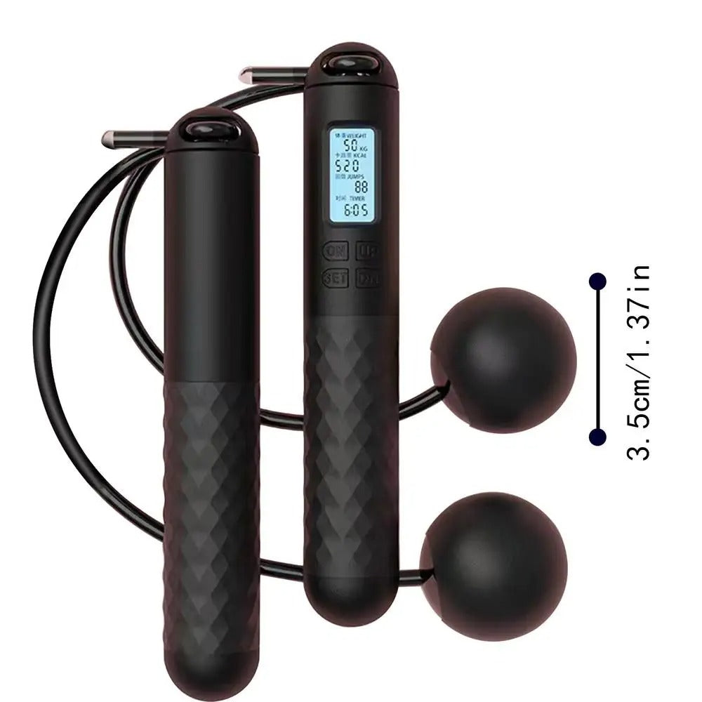 Cordless weighted jump rope with digital counter and ergonomic handles, ideal for effective home workouts in tight spaces.