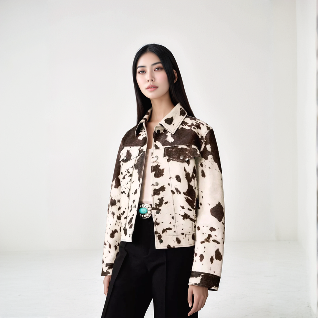 Cow print structured jacket, front view, single-breasted design, black and white pattern, women's fashion statement piece.