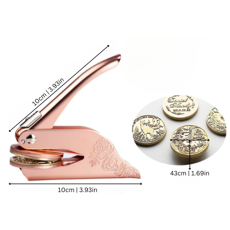 "Custom Library Embosser, brass tool with elegant design, perfect for personalizing books, cards, and stationery."
