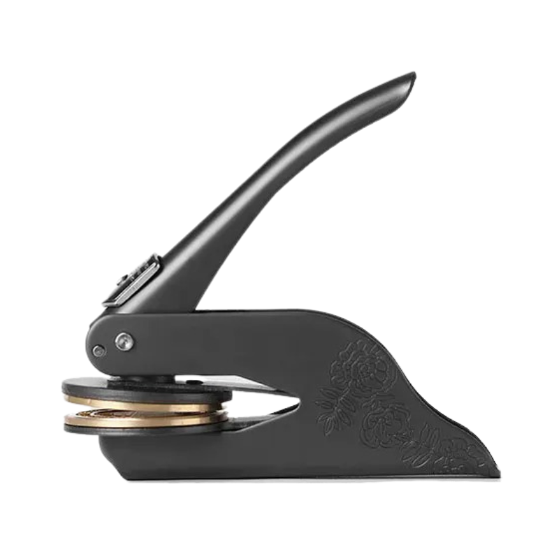 "Custom Library Embosser, brass tool with elegant design, perfect for personalizing books, cards, and stationery."