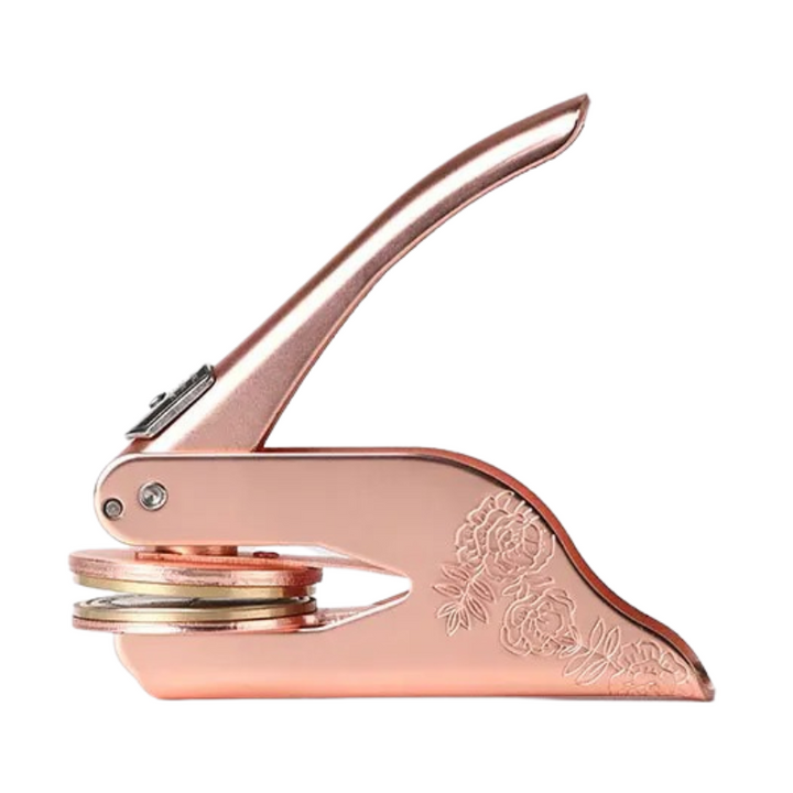 "Custom Library Embosser, brass tool with elegant design, perfect for personalizing books, cards, and stationery."