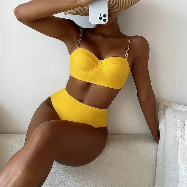 Padded Chain Strap High-Waisted Bikini Set