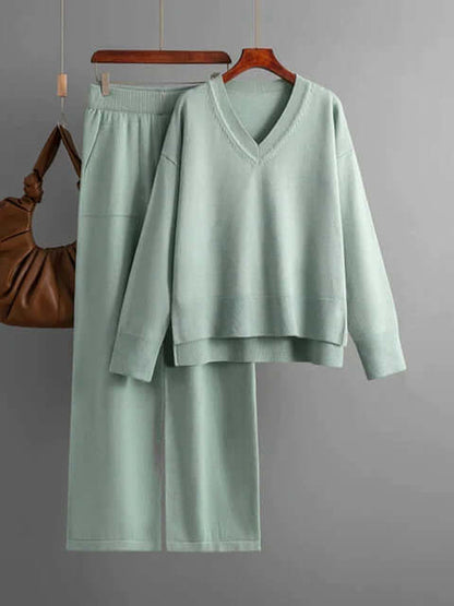 Women's V-Neck Sweater and Wide-Leg Trousers Set