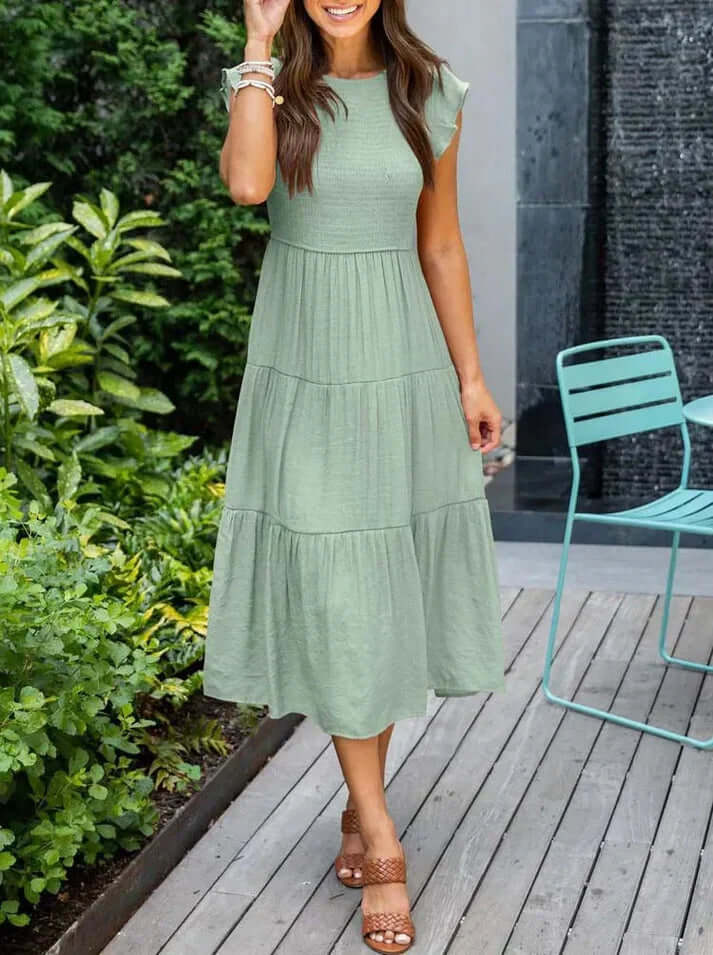 Women's Pleated A-Line Midi Dress with Flying Sleeves