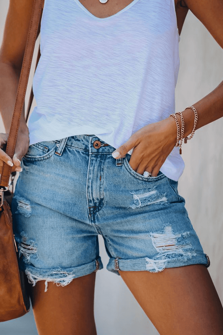 Women's Ripped Denim Shorts with Fringes