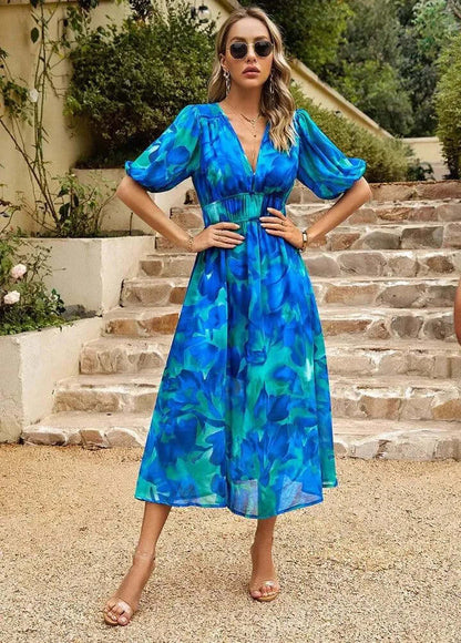 Women's Puff Sleeve Midi Dress with Cinched Waist