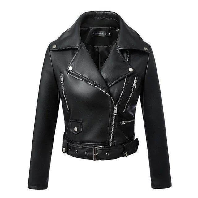 Women's Faux Leather Biker Jacket with Belt