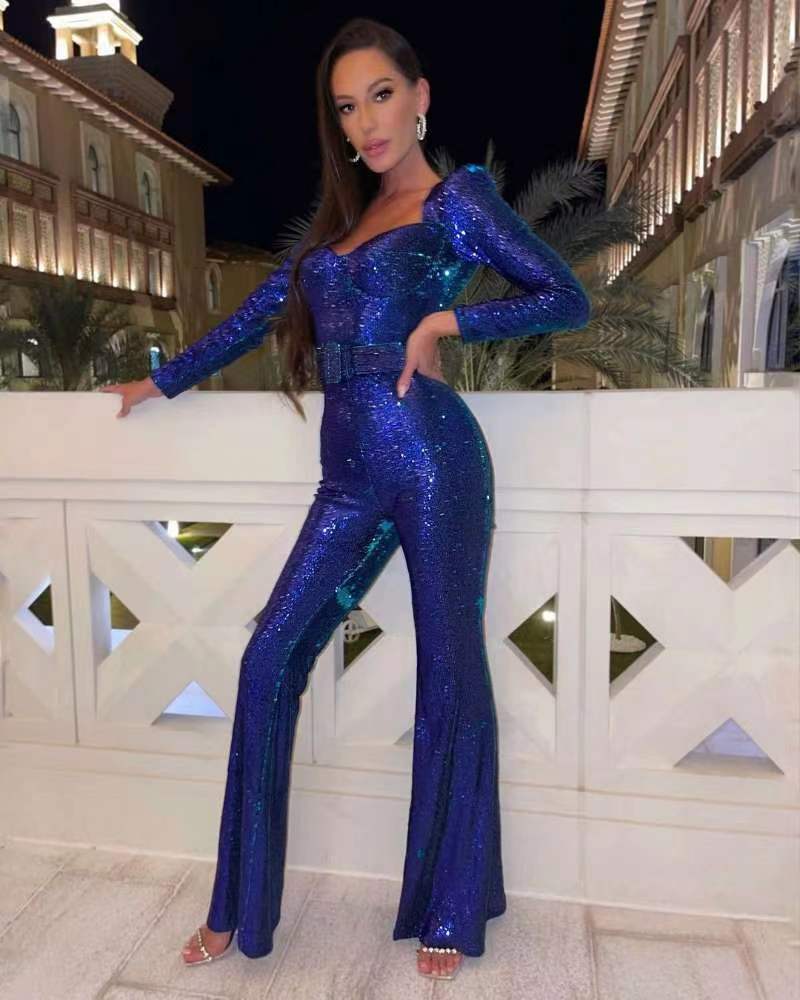 Dazzling women's long sleeve sequin jumpsuit with flared legs, perfect for evening events and dramatic style.