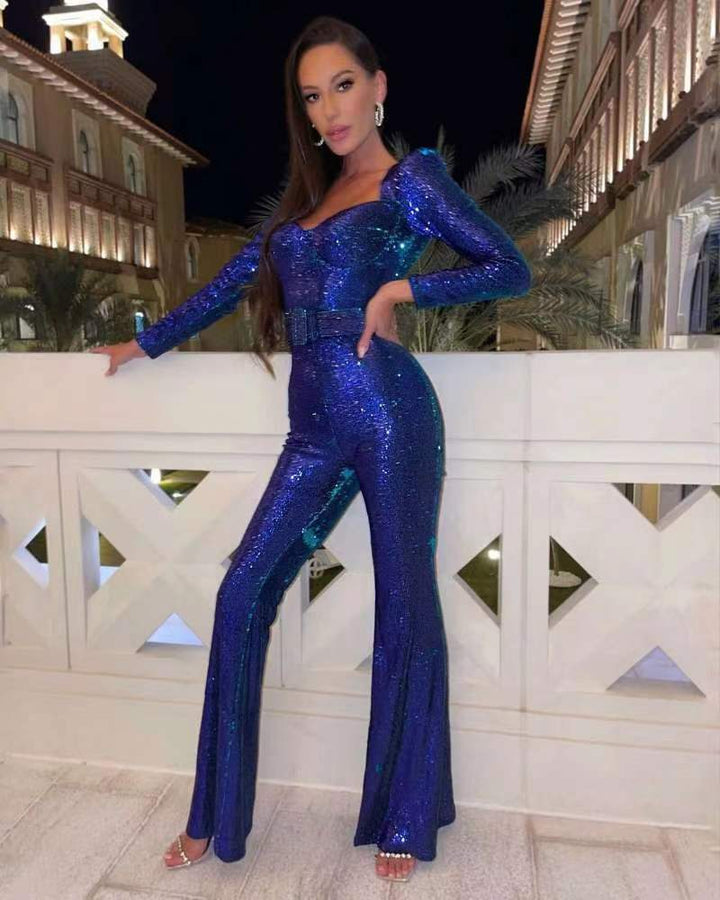 Dazzling women's long sleeve sequin jumpsuit with flared legs, perfect for evening events and dramatic style.