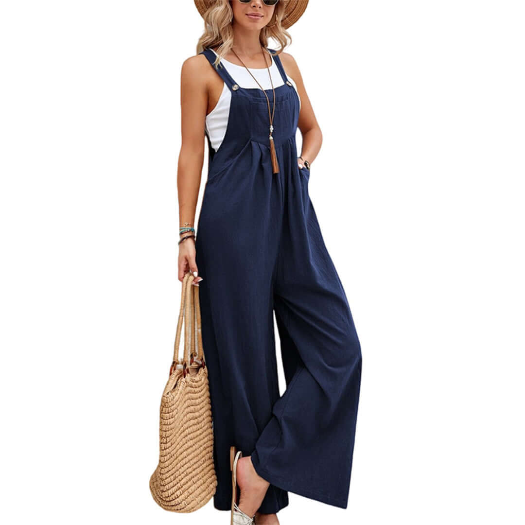 Lightweight Linen-Cotton Sleeveless Wide-Leg Jumpsuit
