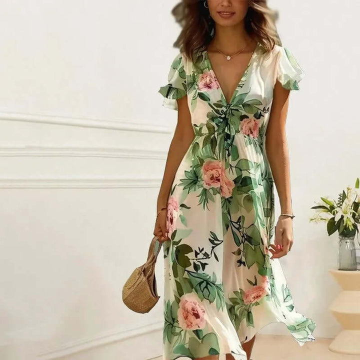 Women's Midi Wrap Dress with Flutter Sleeves