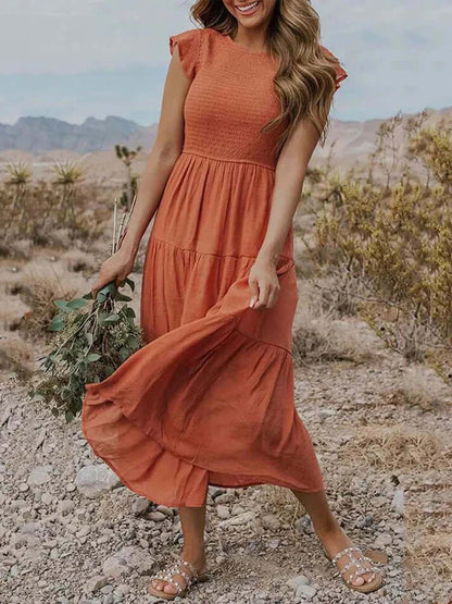 Women's Pleated A-Line Midi Dress with Flying Sleeves