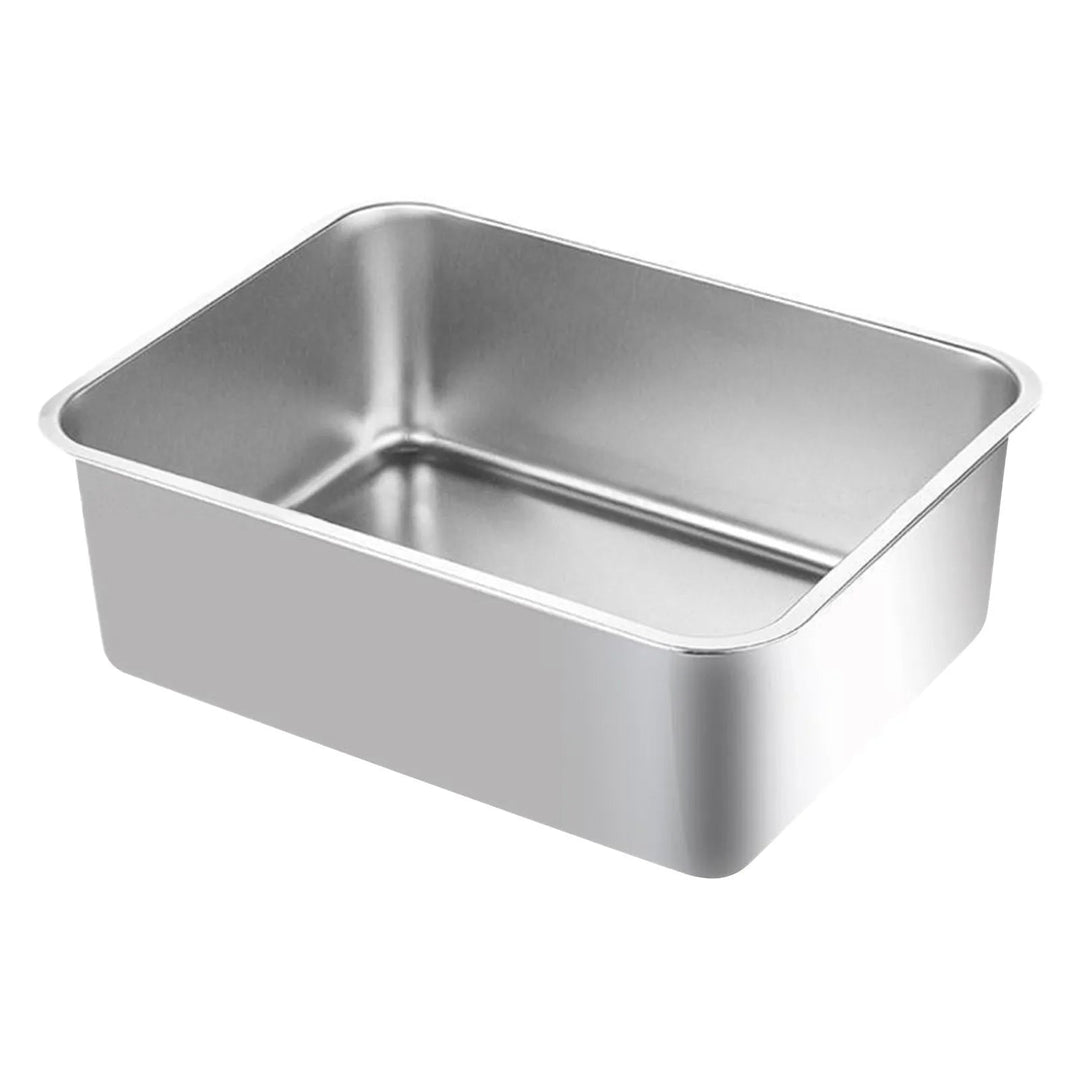 "Deep-sided stainless steel cat litter tray with splash-proof sides, rustproof, odour-resistant, sleek design, pet supplies."