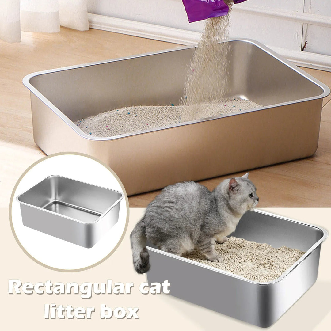 "Deep-sided stainless steel cat litter tray with splash-proof sides, rustproof, odour-resistant, sleek design, pet supplies."