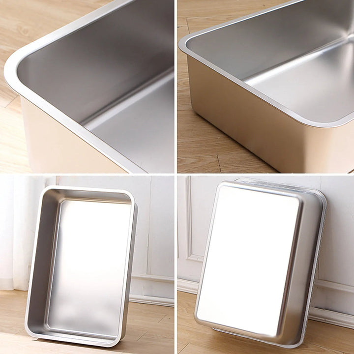 "Deep-sided stainless steel cat litter tray with splash-proof sides, rustproof, odour-resistant, sleek design, pet supplies."