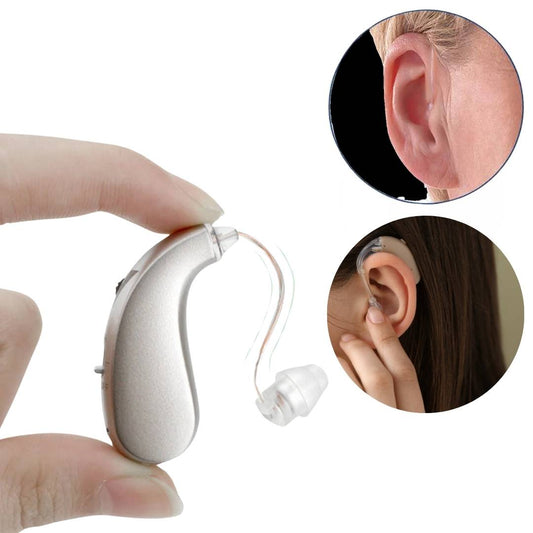 Digital hearing aid with rechargeable battery, close-up view, features ergonomic design for clarity and comfortable use.