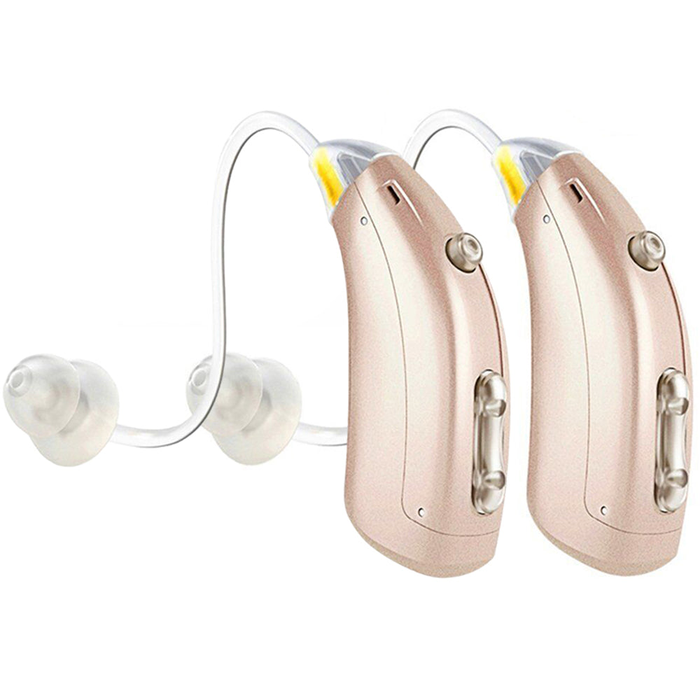 Digital hearing aids with rechargeable feature, sleek design, on a white background, enhances sound clarity and user comfort.