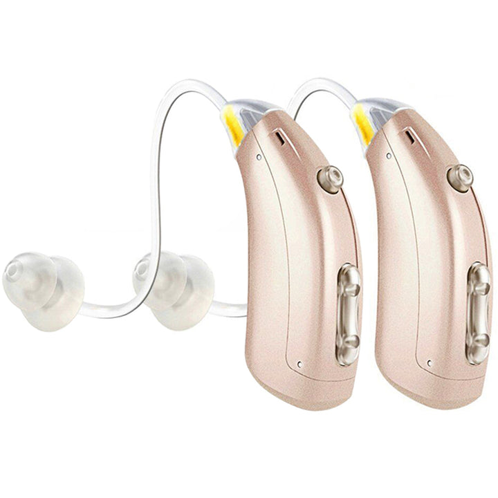 Digital hearing aids with rechargeable feature, sleek design, on a white background, enhances sound clarity and user comfort.