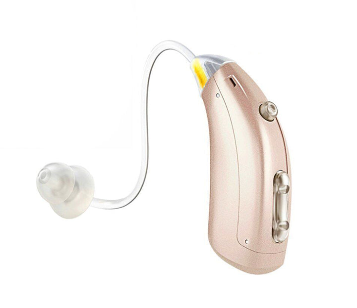 Digital hearing aids with rechargeable feature, sleek design, on a white background, enhances sound clarity and user comfort.