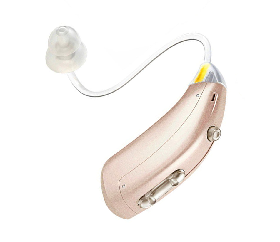 Digital hearing aids with rechargeable feature, sleek design, on a white background, enhances sound clarity and user comfort.