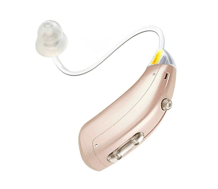 Digital hearing aids with rechargeable feature, sleek design, on a white background, enhances sound clarity and user comfort.
