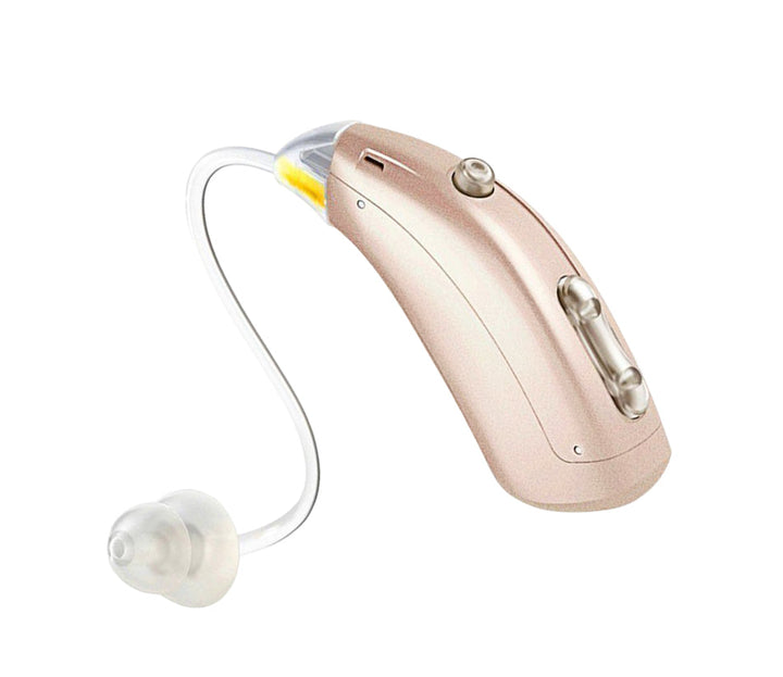 Digital hearing aids with rechargeable feature, sleek design, on a white background, enhances sound clarity and user comfort.