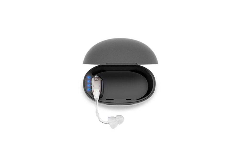 Digital hearing aids with rechargeable feature, sleek design, on a white background, enhances sound clarity and user comfort.