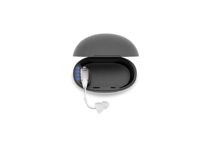 Digital hearing aids with rechargeable feature, sleek design, on a white background, enhances sound clarity and user comfort.