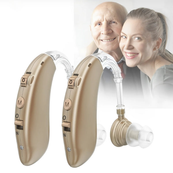 Digital hearing aids with rechargeable feature, sleek design, on a white background, enhances sound clarity and user comfort.