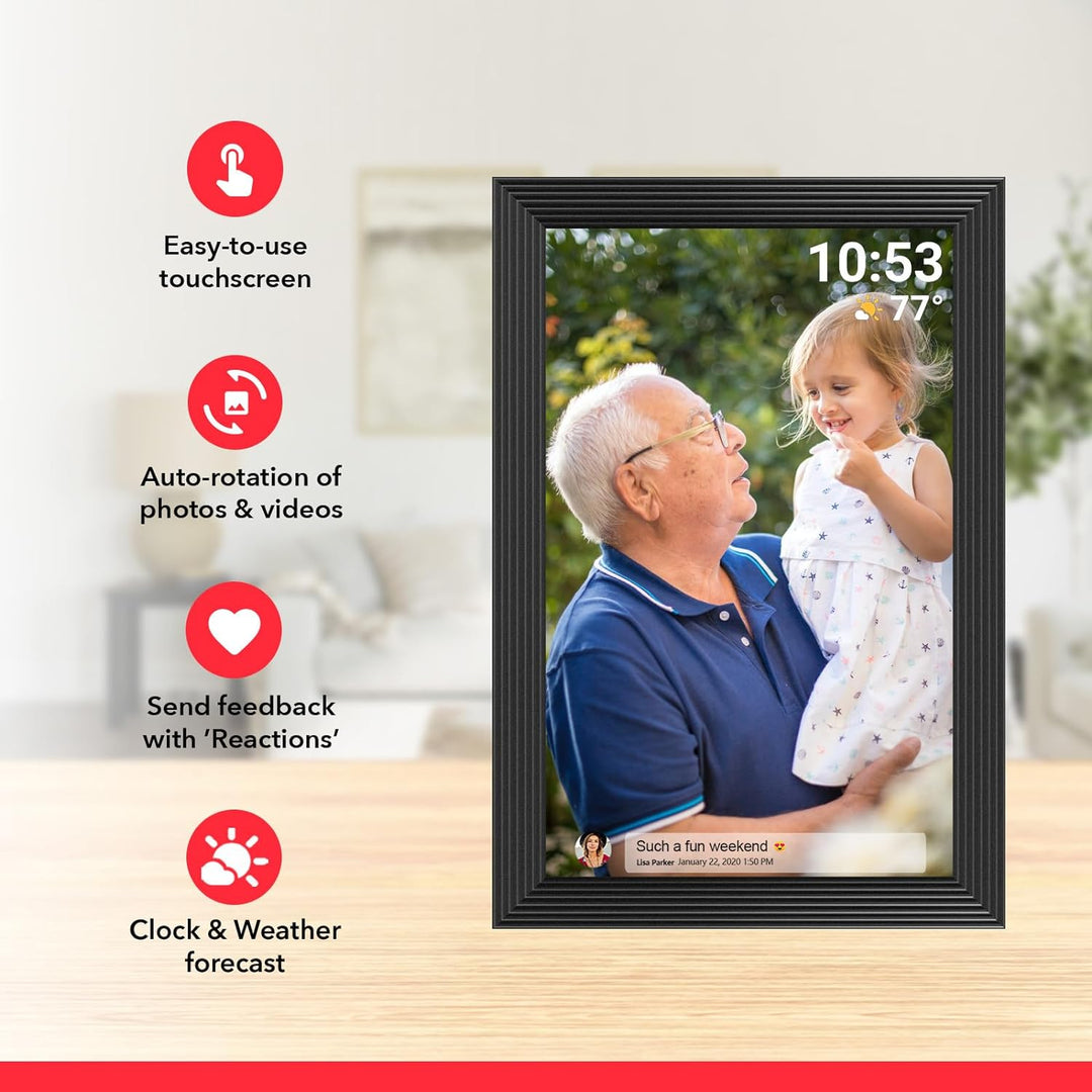 "Digital photo frame with Wi-Fi, HD display, faux black wood design, showcasing photos and videos for home decor tech."
