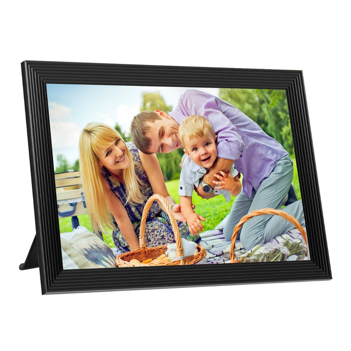 "Digital photo frame with Wi-Fi, HD display, faux black wood design, showcasing photos and videos for home decor tech."