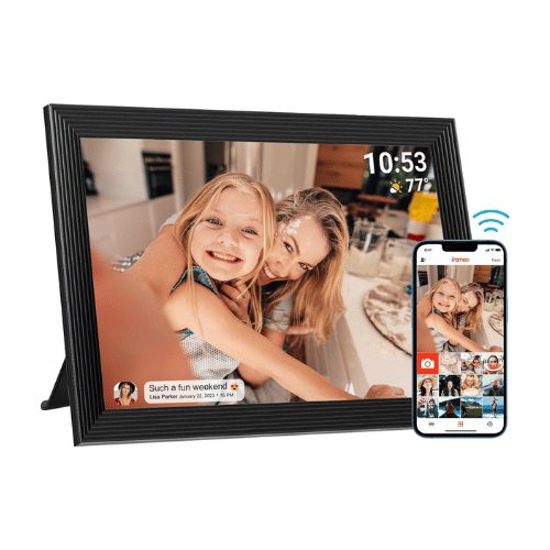 "Digital photo frame with Wi-Fi, HD display, faux black wood design, showcasing photos and videos for home decor tech."