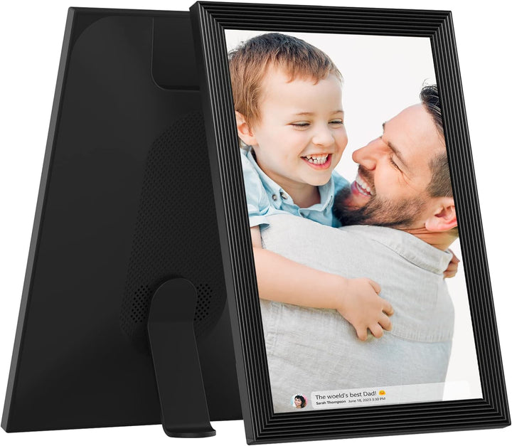 "Digital photo frame with Wi-Fi, HD display, faux black wood design, showcasing photos and videos for home decor tech."