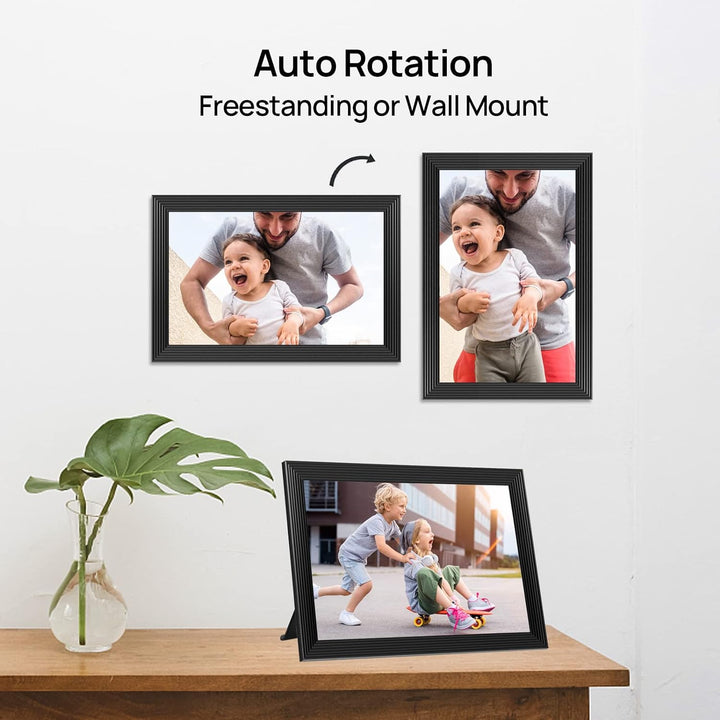 "Digital photo frame with Wi-Fi, HD display, faux black wood design, showcasing photos and videos for home decor tech."