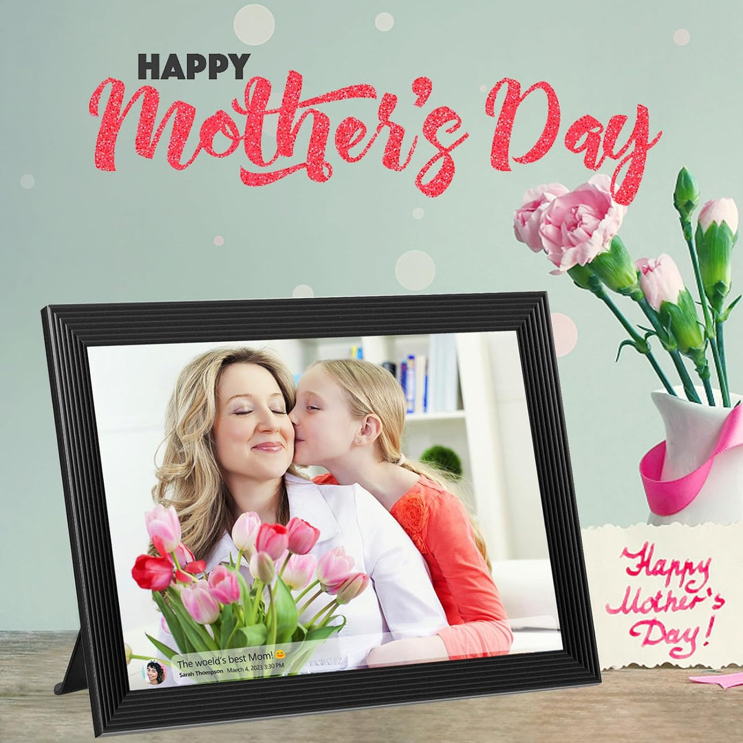 "Digital photo frame with Wi-Fi, HD display, faux black wood design, showcasing photos and videos for home decor tech."