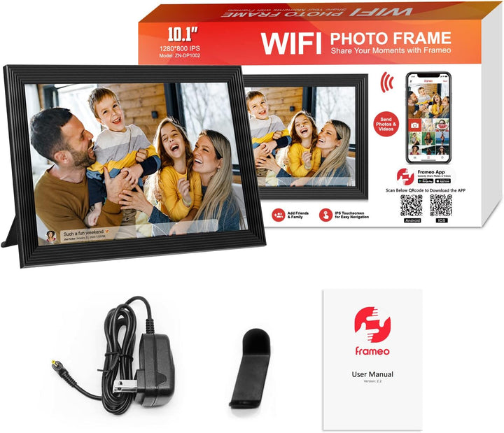 "Digital photo frame with Wi-Fi, HD display, faux black wood design, showcasing photos and videos for home decor tech."