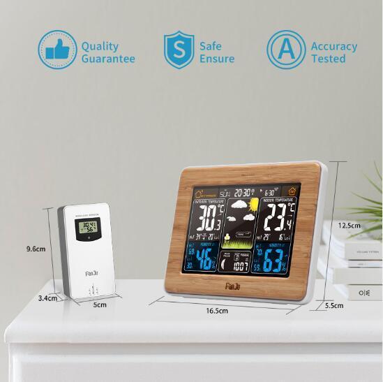 "Digital wireless home weather station with LCD screen showing temperature, humidity, and forecast icons; modern design."