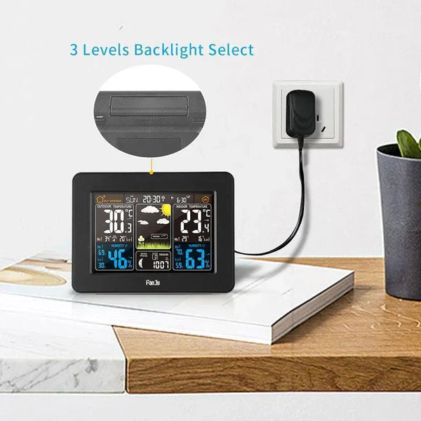 "Digital wireless home weather station with LCD screen showing temperature, humidity, and forecast icons; modern design."