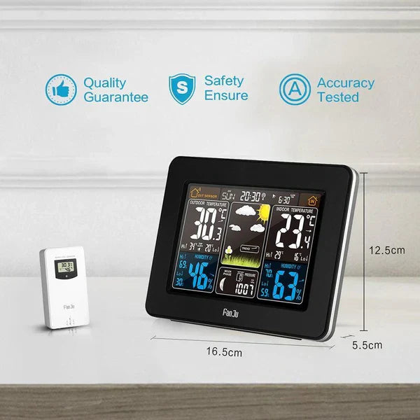 "Digital wireless home weather station with LCD screen showing temperature, humidity, and forecast icons; modern design."