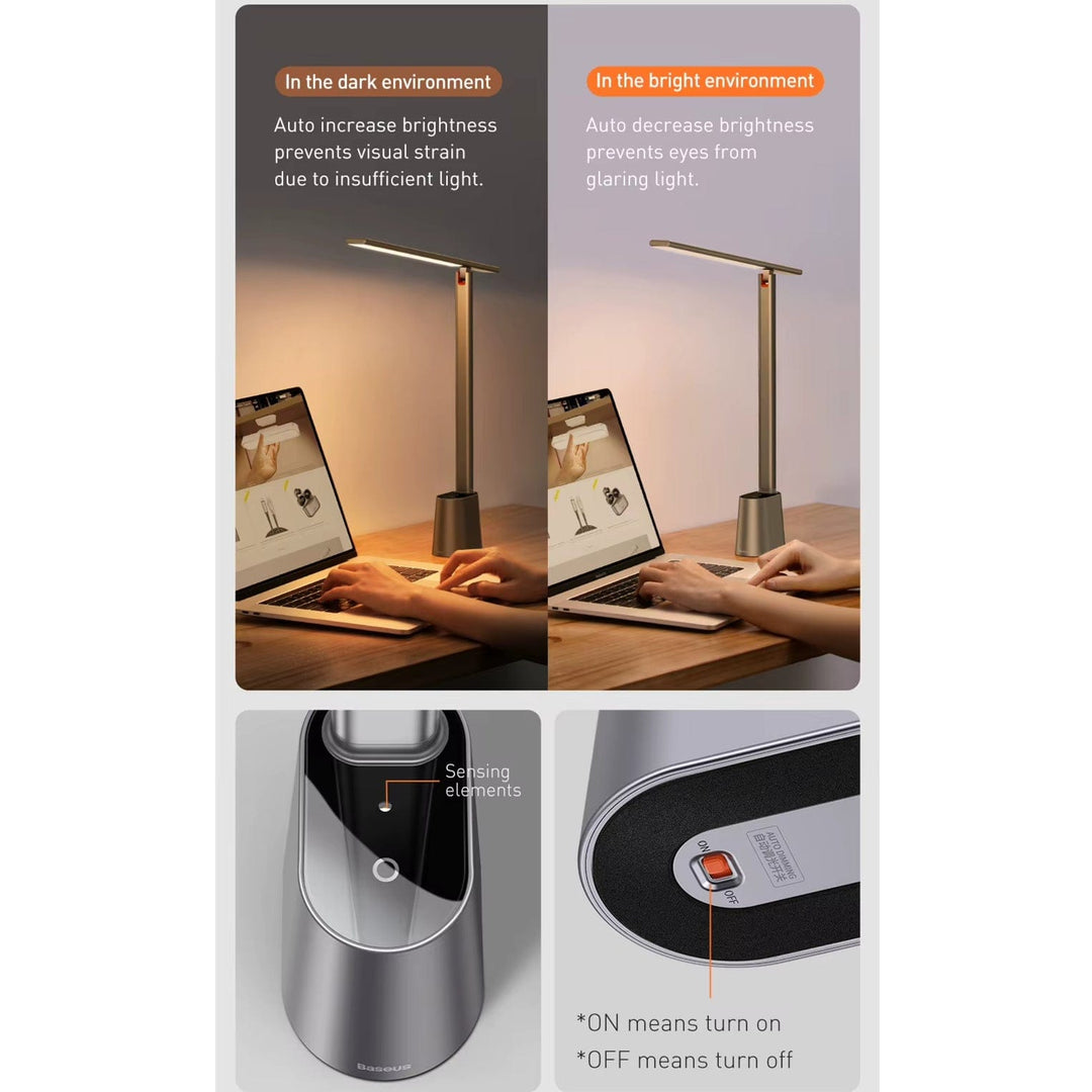 "Dimmable grey and white LED desk lamp with 180° rotation and foldable design for home or office use."