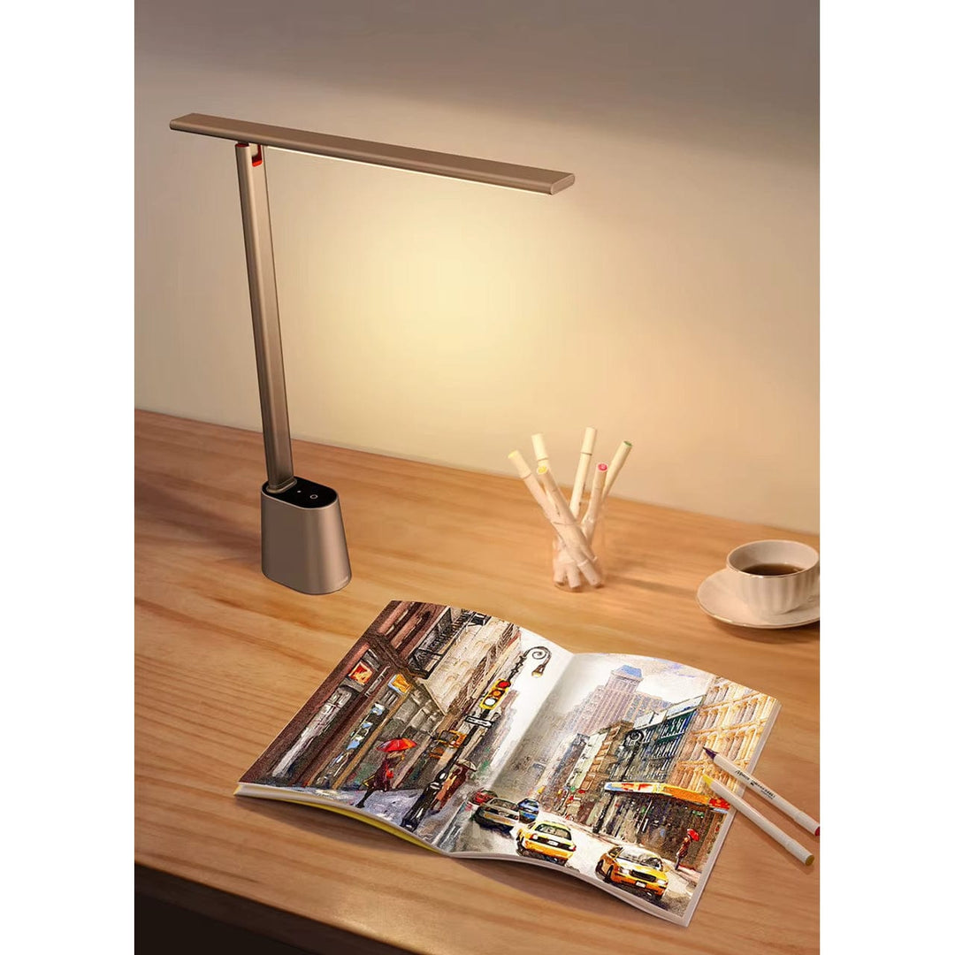 "Dimmable grey and white LED desk lamp with 180° rotation and foldable design for home or office use."