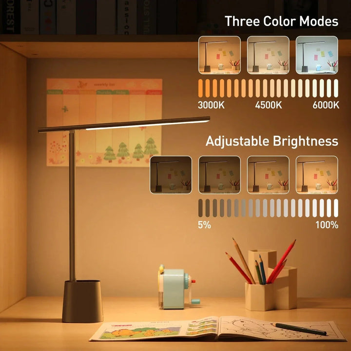 "Dimmable grey and white LED desk lamp with 180° rotation and foldable design for home or office use."