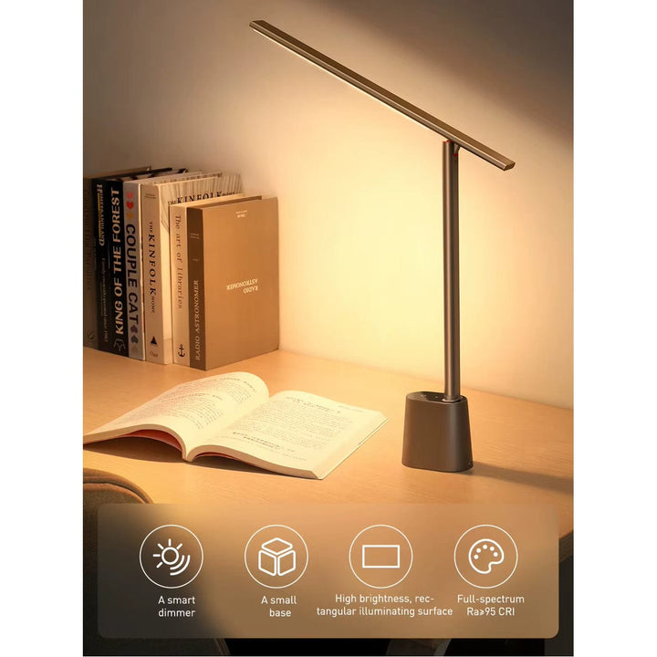 "Dimmable grey and white LED desk lamp with 180° rotation and foldable design for home or office use."
