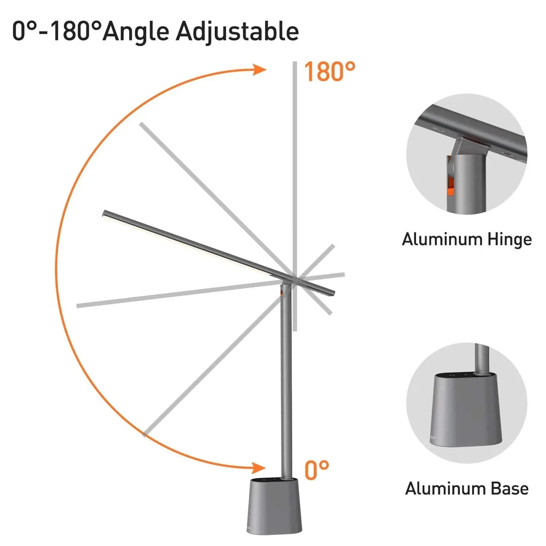 "Dimmable grey and white LED desk lamp with 180° rotation and foldable design for home or office use."
