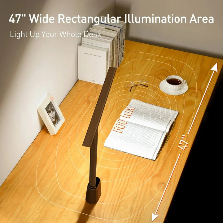 "Dimmable grey and white LED desk lamp with 180° rotation and foldable design for home or office use."