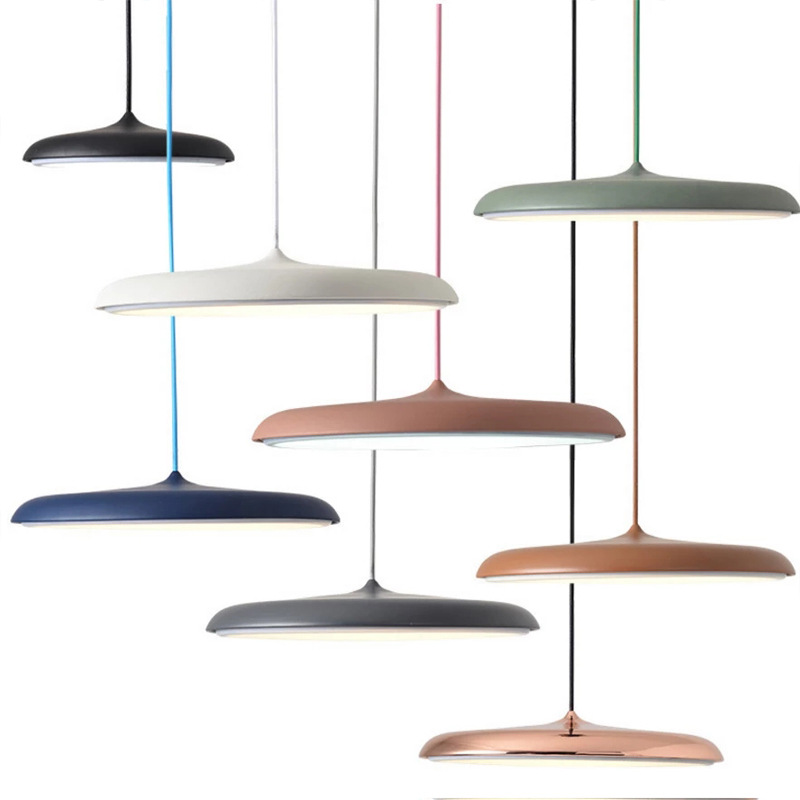 "Disc-shaped Scandinavian pendant light with LED, metal & acrylic materials, in elegant minimalist design for modern décor."