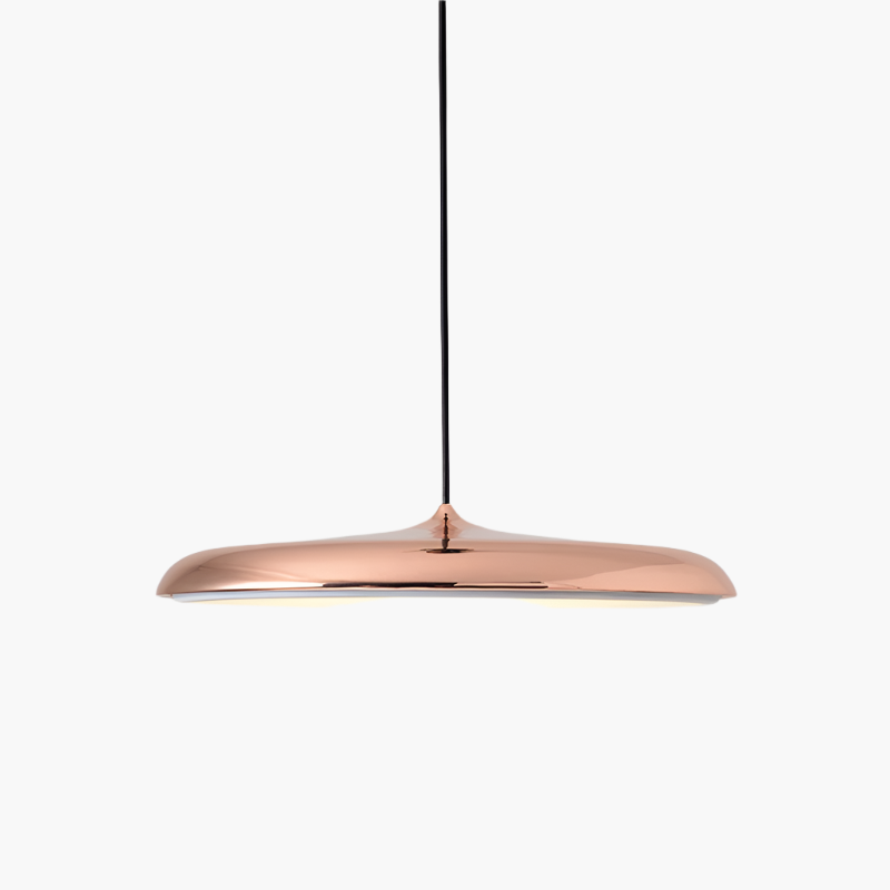 "Disc-shaped Scandinavian pendant light with LED, metal & acrylic materials, in elegant minimalist design for modern décor."